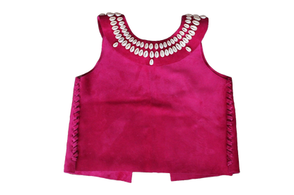 Front view of pink leather and shell top