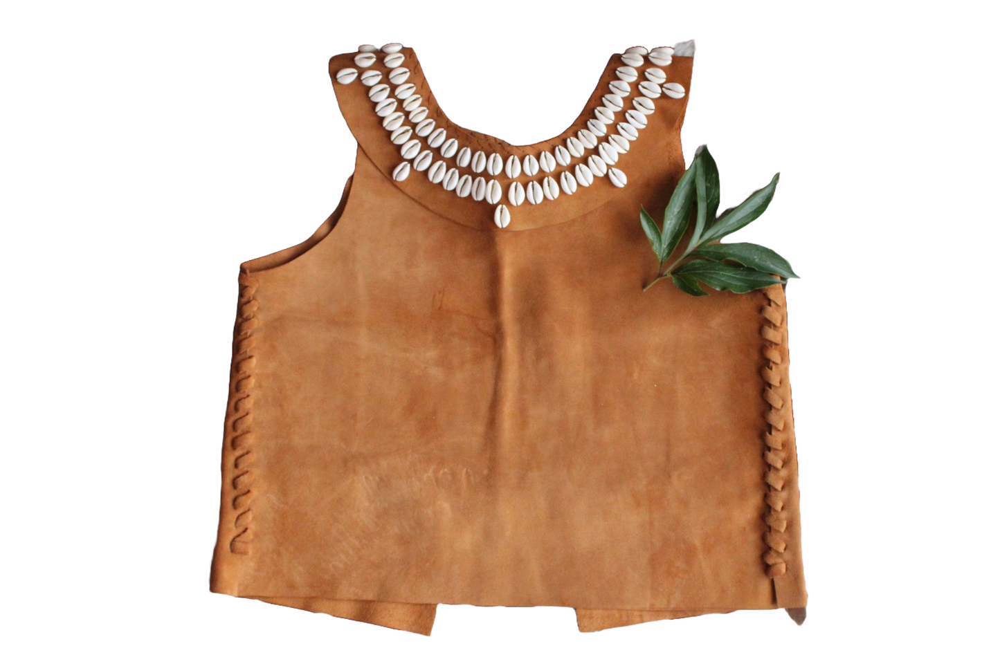 Front view of tan leather and shell top