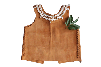 Front view of tan leather and shell top