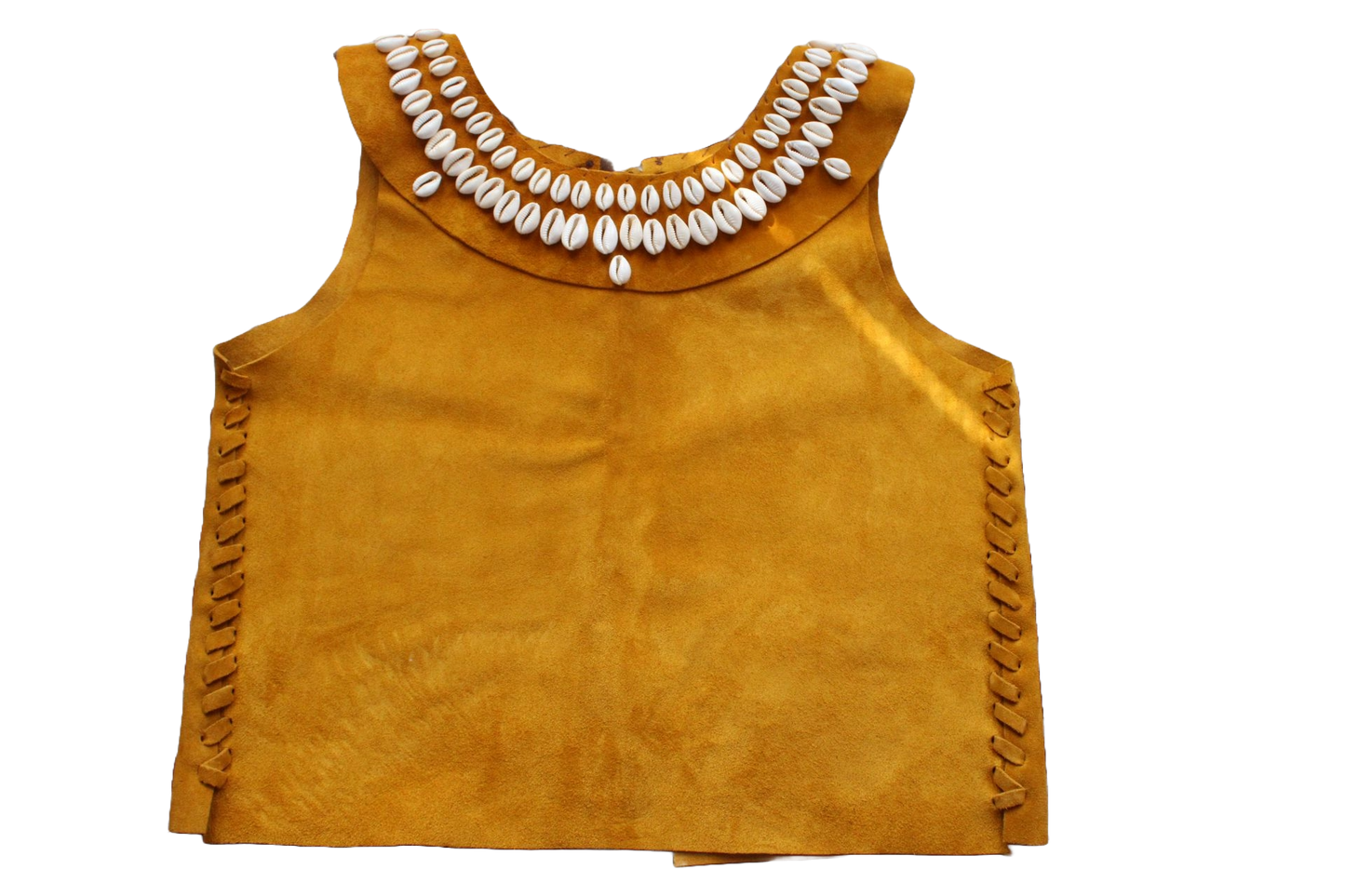 Front view of yellow leather and shell top