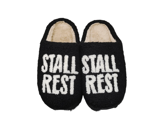 Stall Rest slippers in black, top view