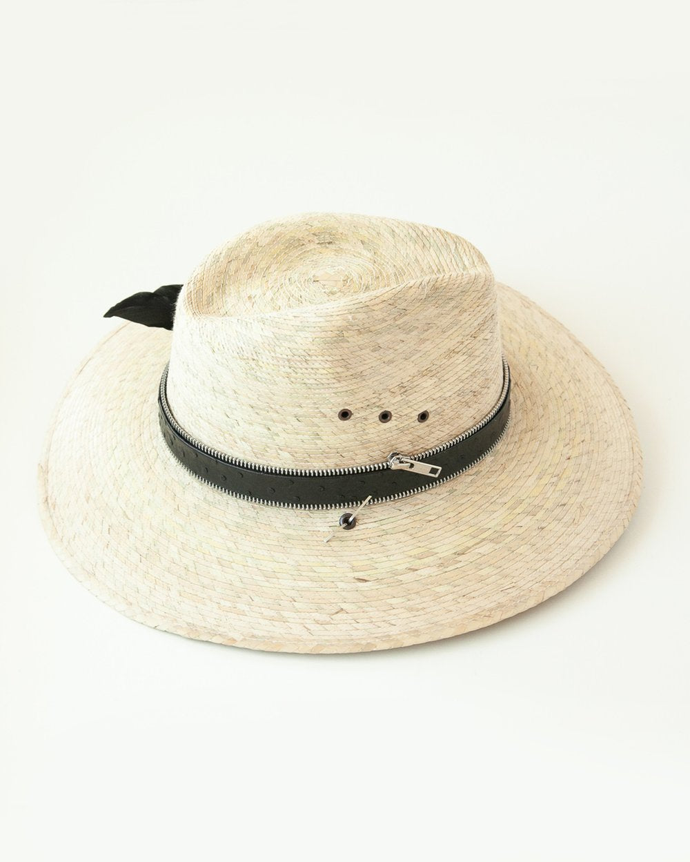 Side view of hat with black leather band