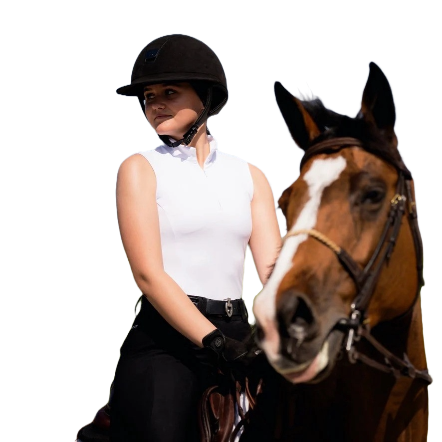 Model on horse in sleeveless show shirt