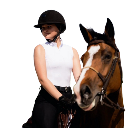 Model on horse in sleeveless show shirt