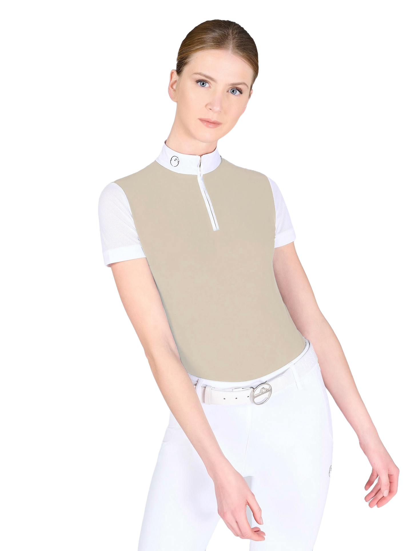 Model in beige short-sleeve show shirt