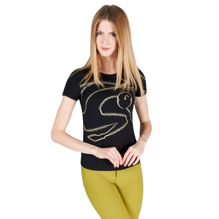 Model in black tee shirt with logo