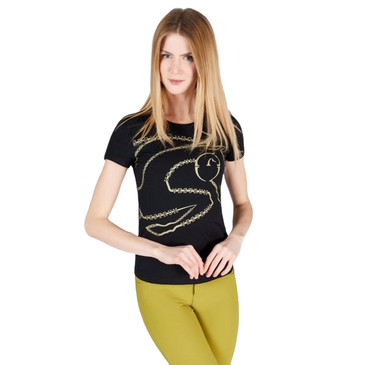 Model in black tee shirt with logo