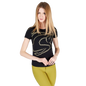 Model in black tee shirt with logo