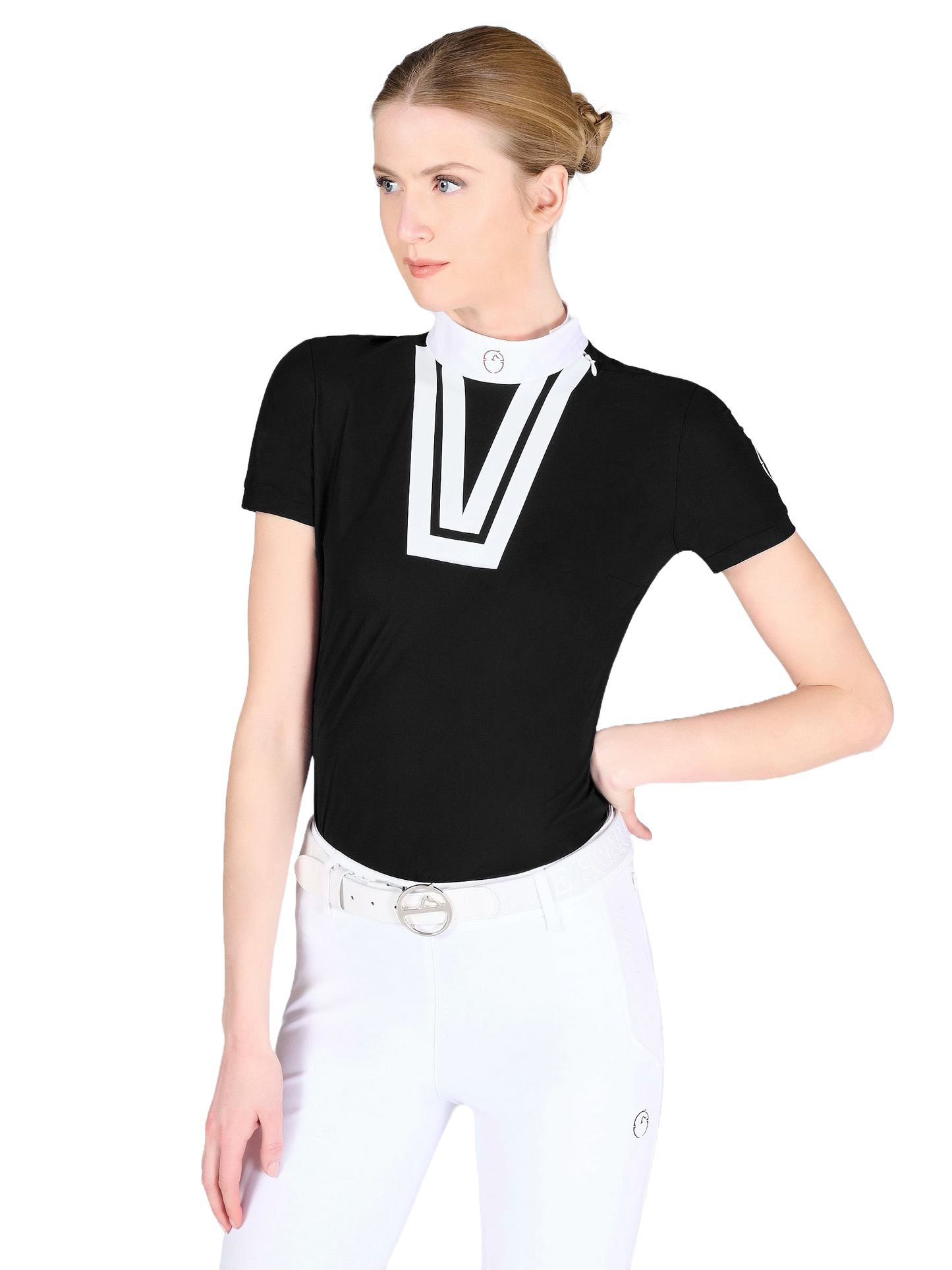 Model in black short-sleeve show shirt