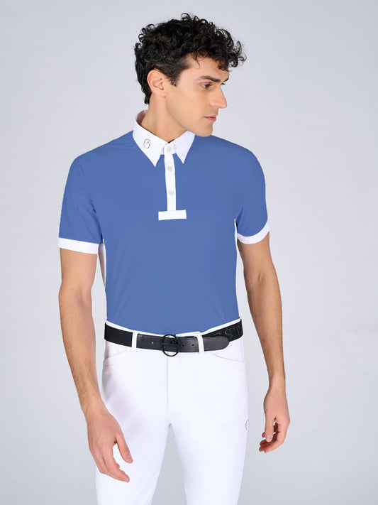 Model in blue short sleeve competition shirt