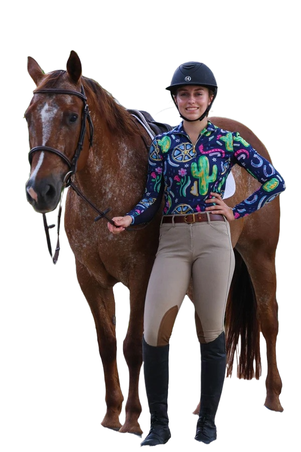 Model wearing dark blue sun shirt with western pattern