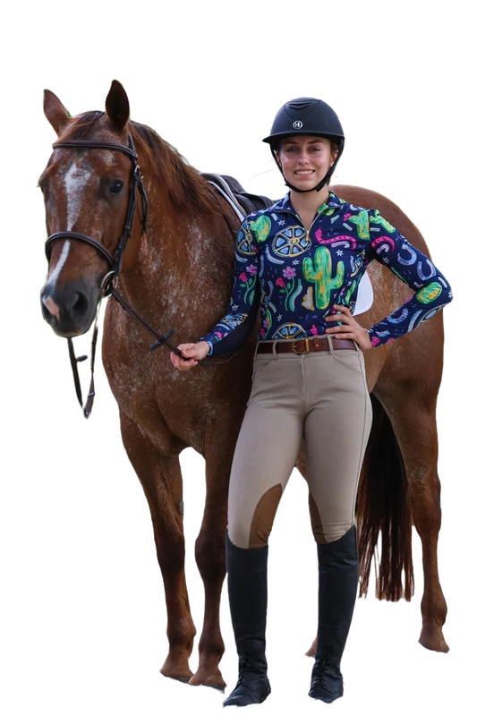 Model wearing dark blue sun shirt with western pattern