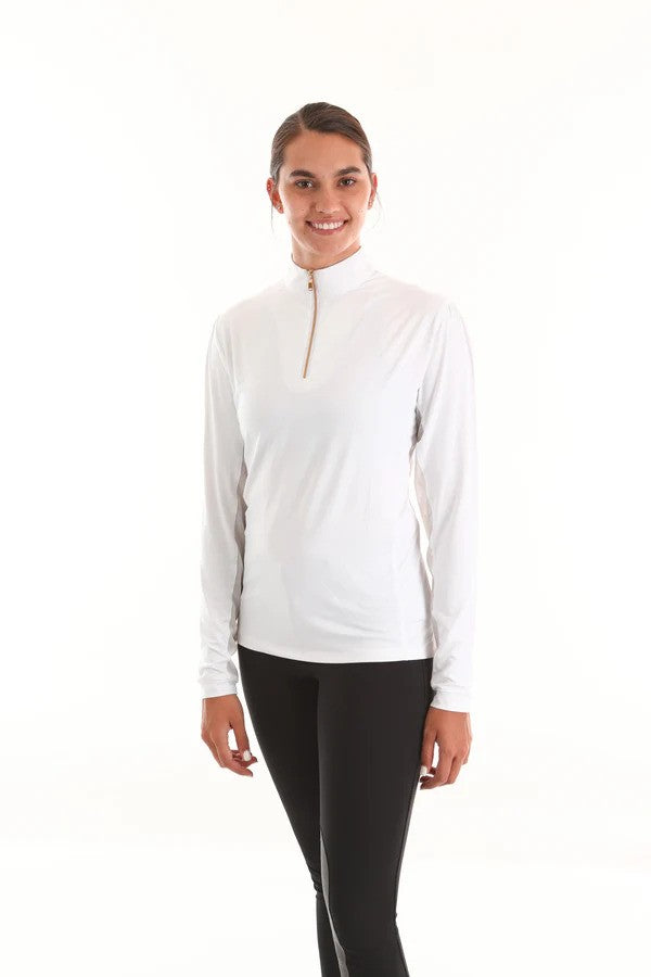 Model in white long sleeve show shirt