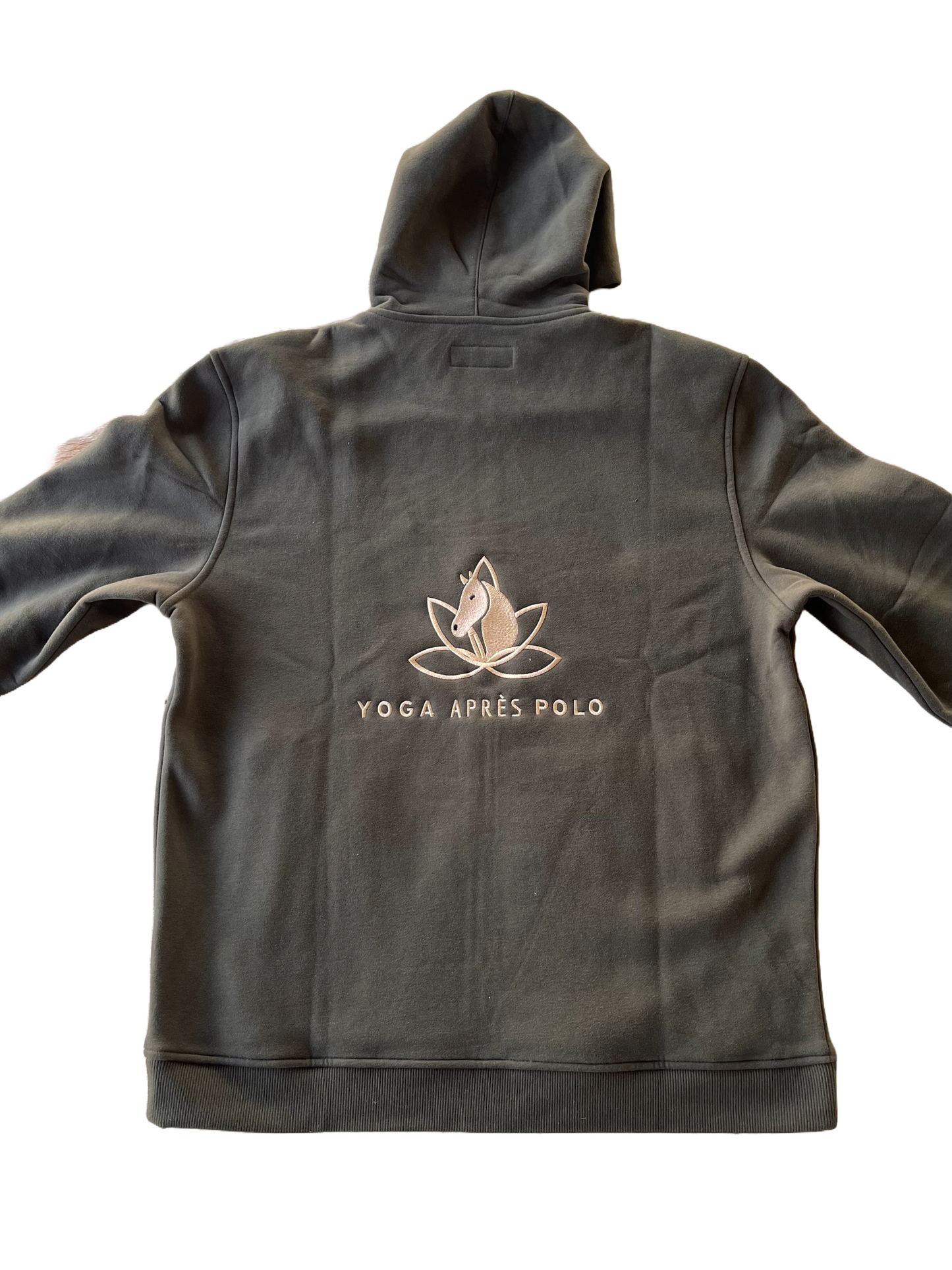 Rear view of olive zip hoodie