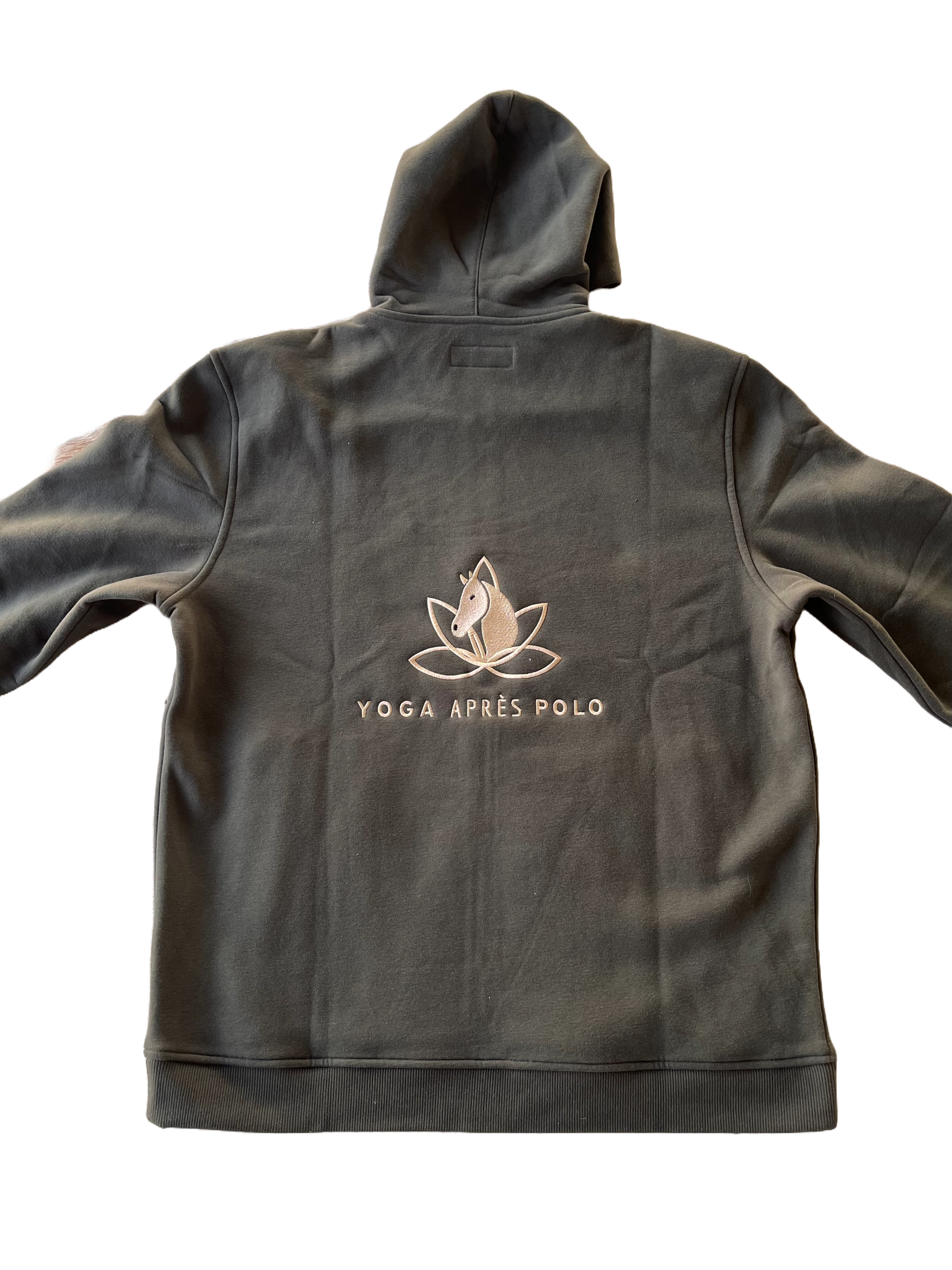 Rear view of olive zip hoodie