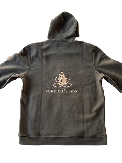 Rear view of olive zip hoodie