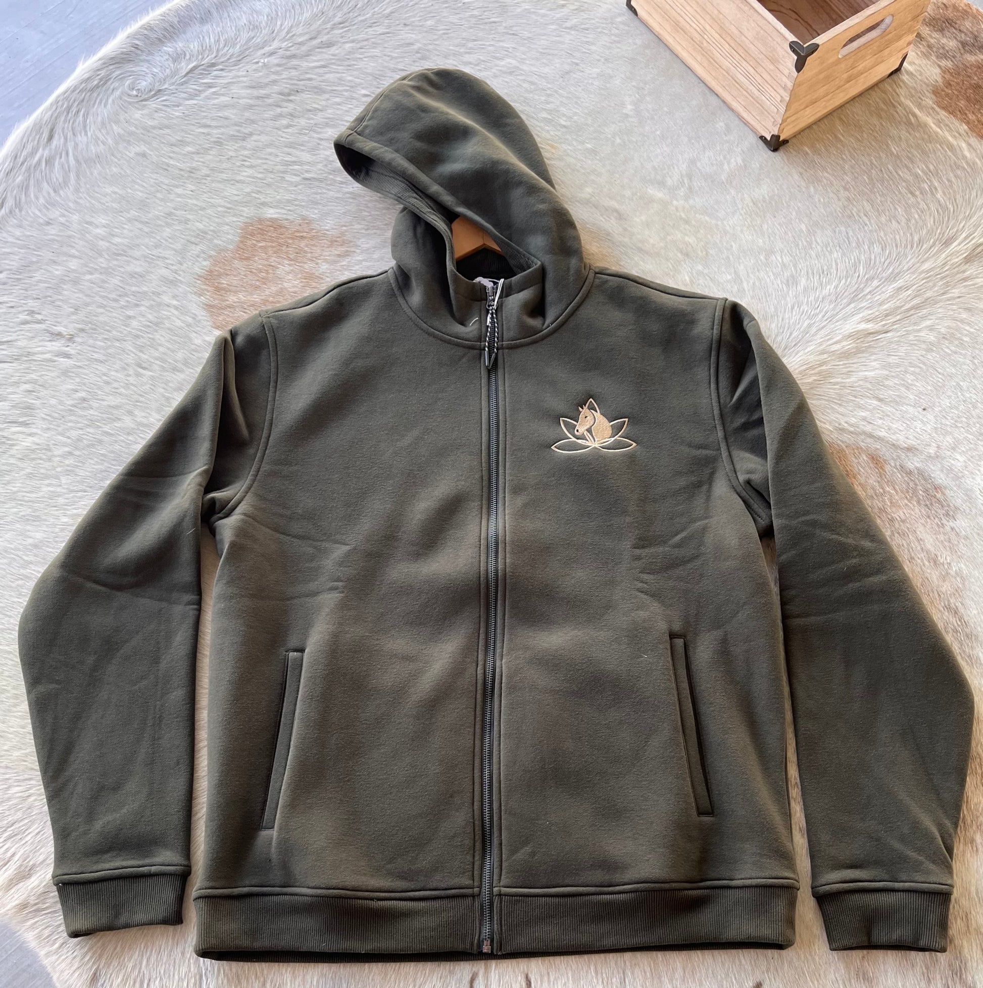 Front view of olive zip hoodie