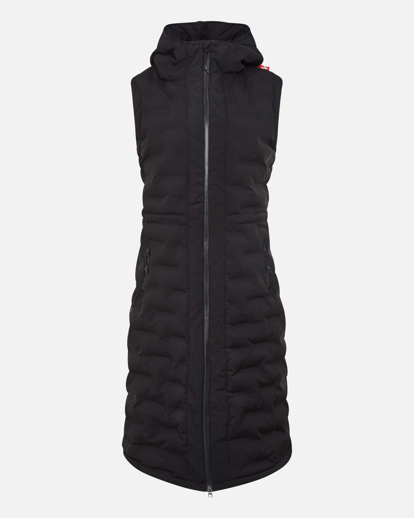 Front view of black knee-length puffer vest