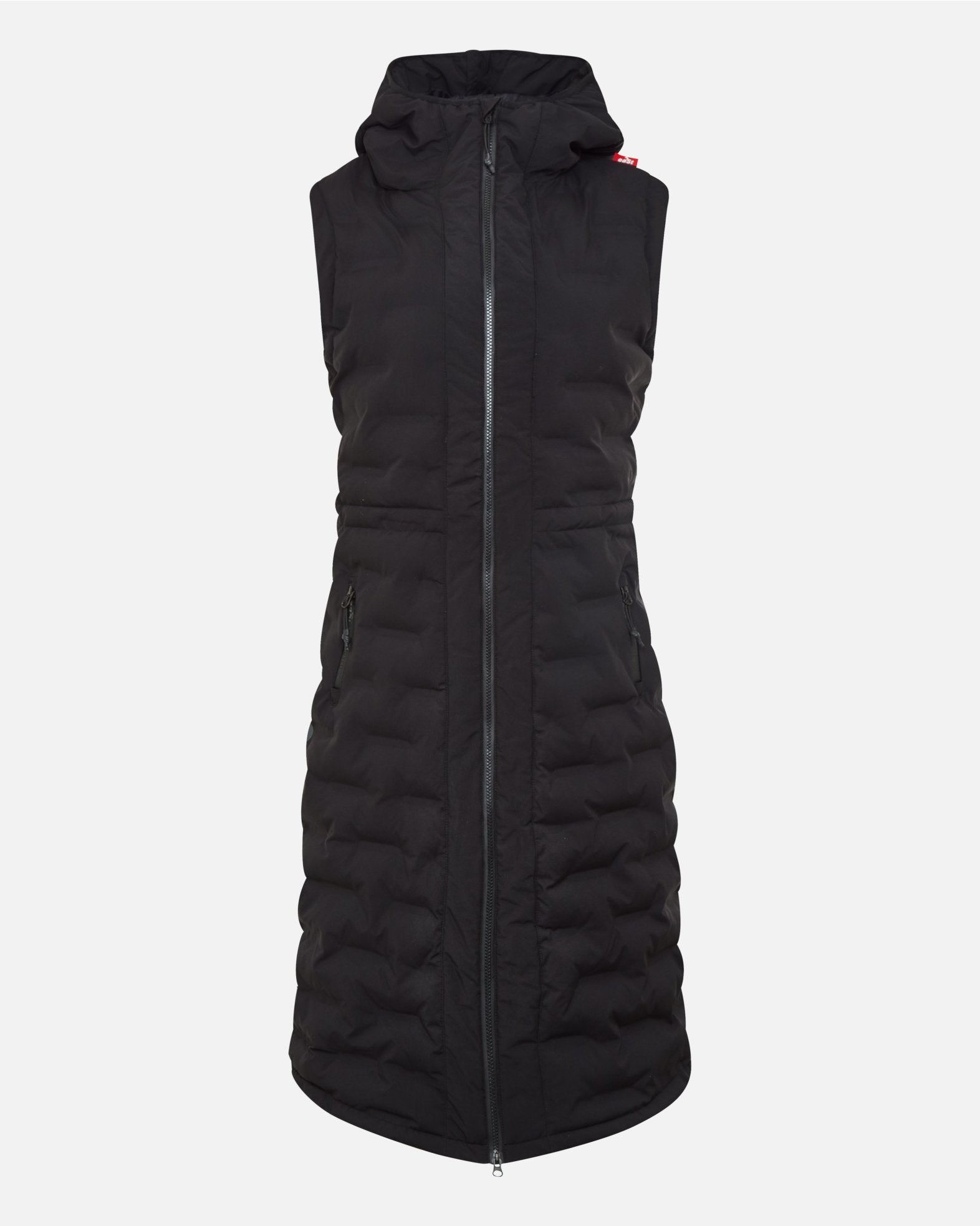 Front view of black knee-length puffer vest